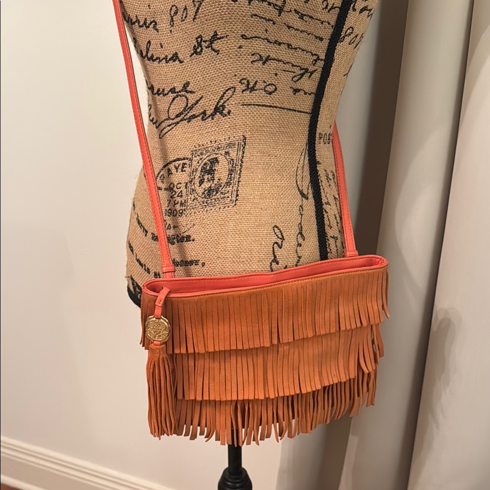 Vince Camuto Genuine Leather Suede Fringed Orange Crossbody Bag